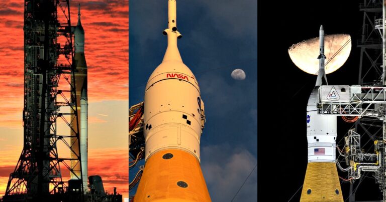 Artemis II SLS rocket on launch pad being fueled at Kennedy Space Center