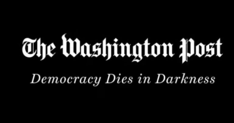 The Washington Post logo on newsroom background