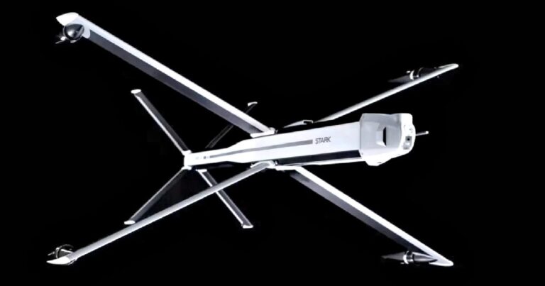 Small military loitering drone flying over field, illustrative