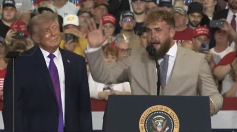 President Trump and Jake Paul on stage in Hebron, Kentucky
