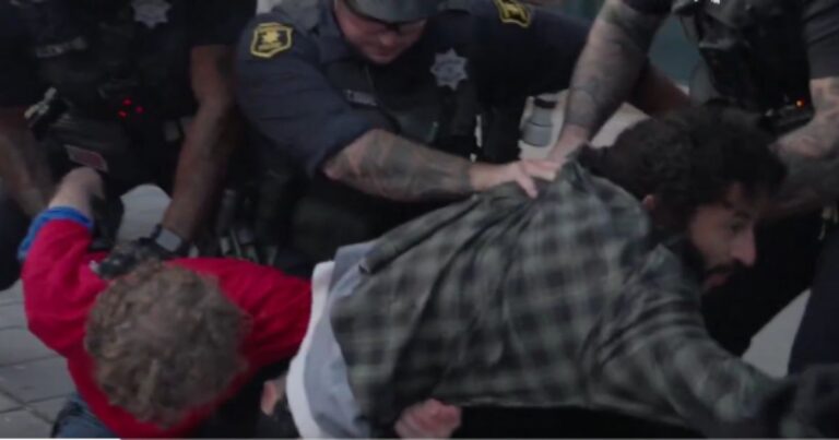 UC Berkeley campus scene tied to a protest poster comparing Trump to Hitler