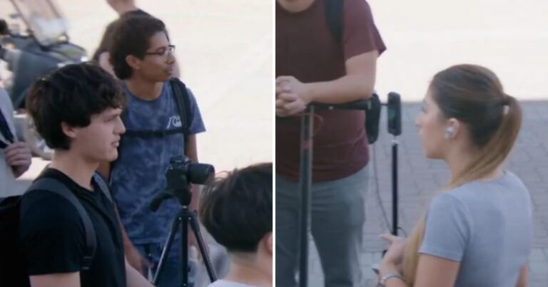 Two students debating abortion during a campus street interview