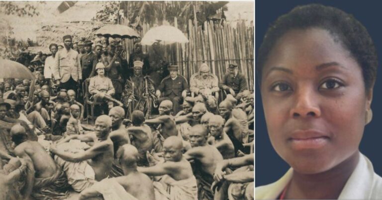 Green Party candidate with historical Lagos debate in the background