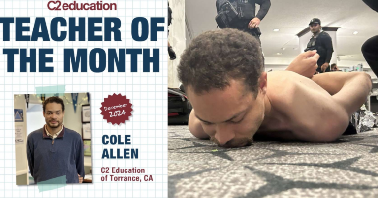 School classroom with desks and a chalkboard