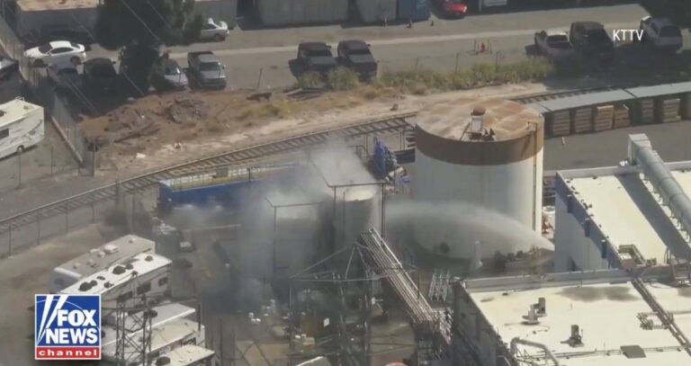 Fire crews respond to a chemical tank emergency in Garden Grove, California