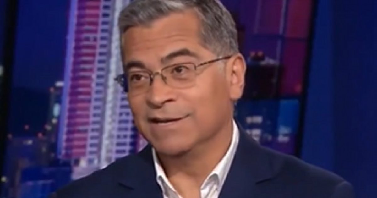 Xavier Becerra speaking during a CNN interview about health care for undocumented immigrants