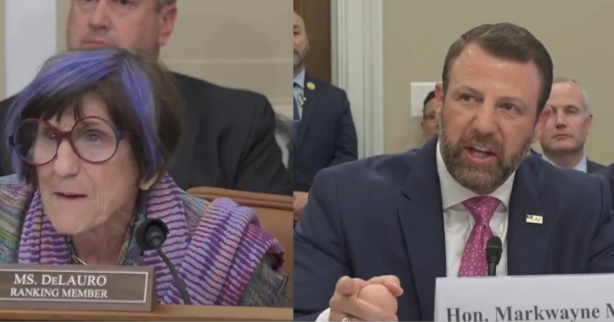 Markwayne Mullin speaking during a House hearing while Rosa DeLauro responds
