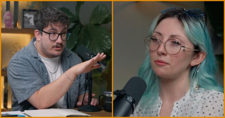 Caleb Hammer speaking during a Financial Audit episode with a socialist activist