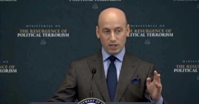 Stephen Miller speaking during remarks at the State Department