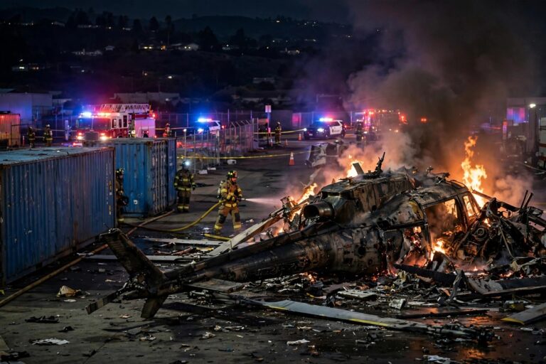 Helicopter engulfed in flames after crashing in a Chatsworth parking lot