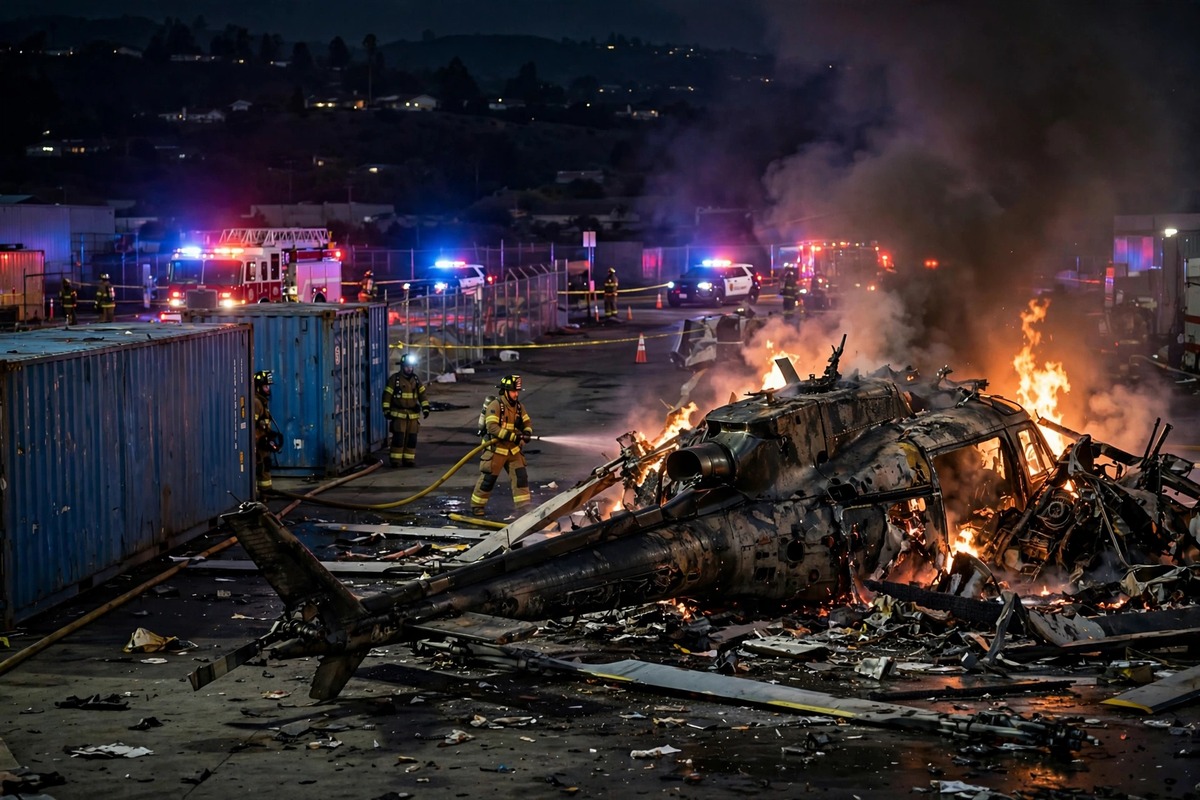 Helicopter engulfed in flames after crashing in a Chatsworth parking lot