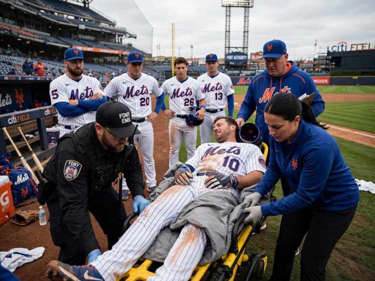 Jared Young being carried from the field after a collision at first base