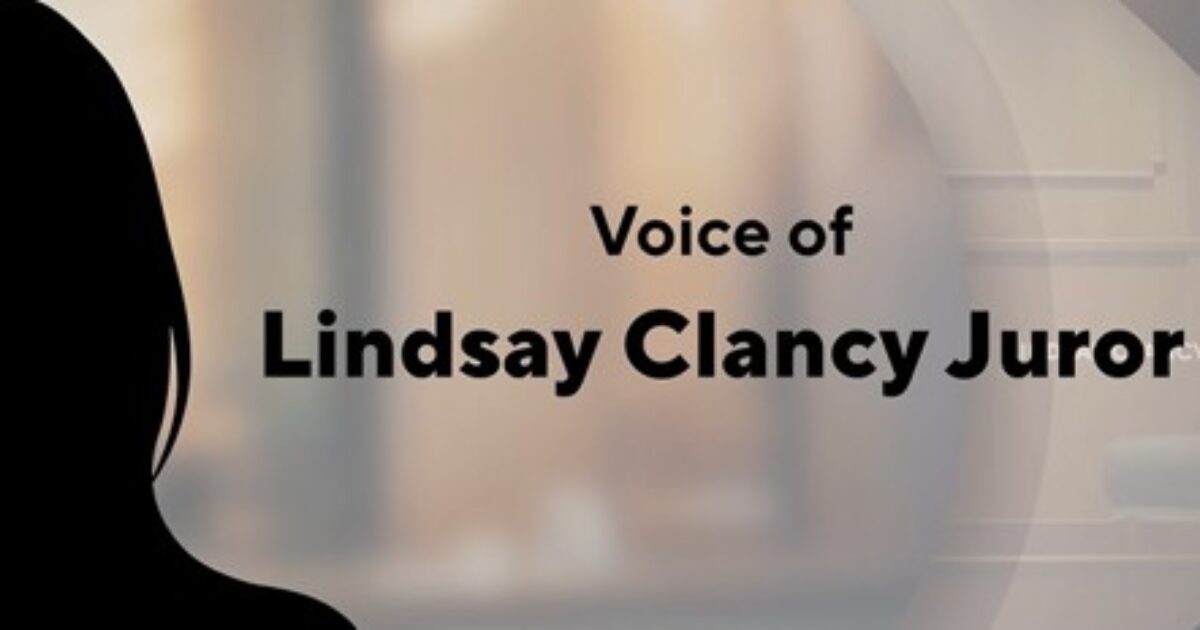 Courtroom scene representing the Lindsay Clancy mistrial and juror deliberations