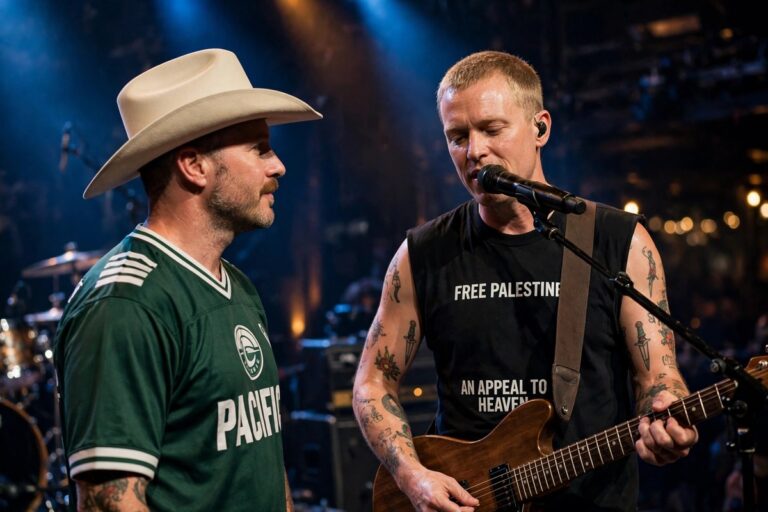 Zach Bryan performing onstage at Gillette Stadium wearing a Free Palestine T-shirt
