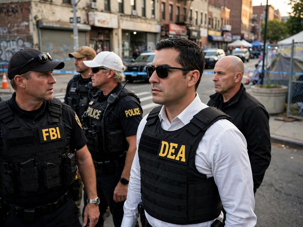 Law enforcement convoy during a federal drug raid on Los Angeles' Skid Row
